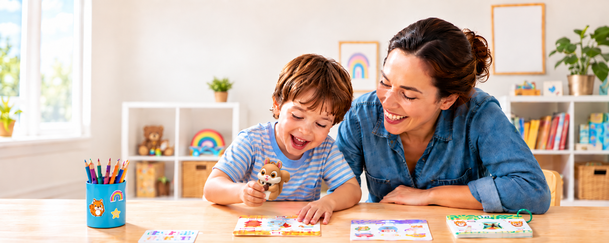 Parent and child enjoying SquiSays talking phonics cards together