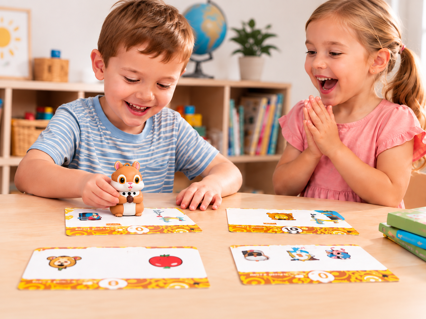 Two children learning and playing together with SquiSays